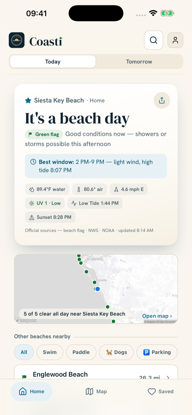 Coasti home screen: the one-glance beach-day answer